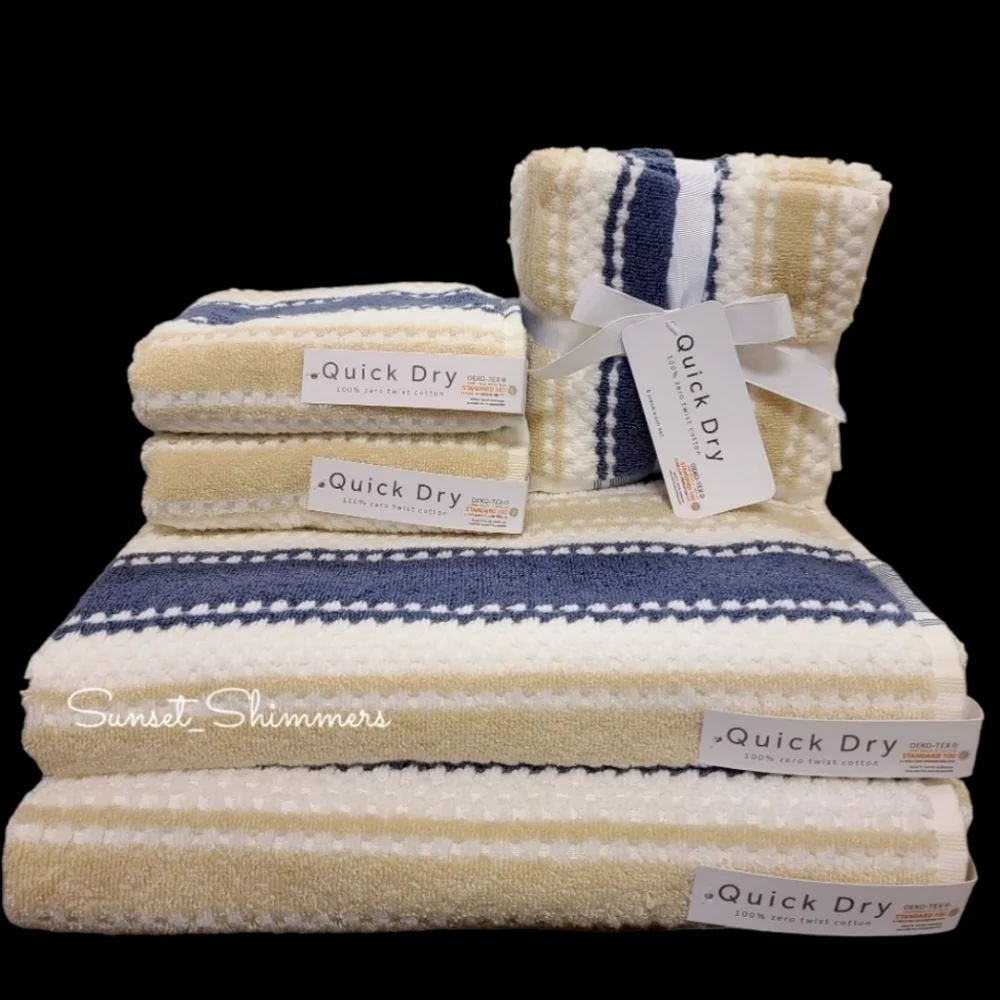 10pc Quick Dry Tan Navy 100% Zero Twist Cotton Bath Hand Washcloth Towel Set
